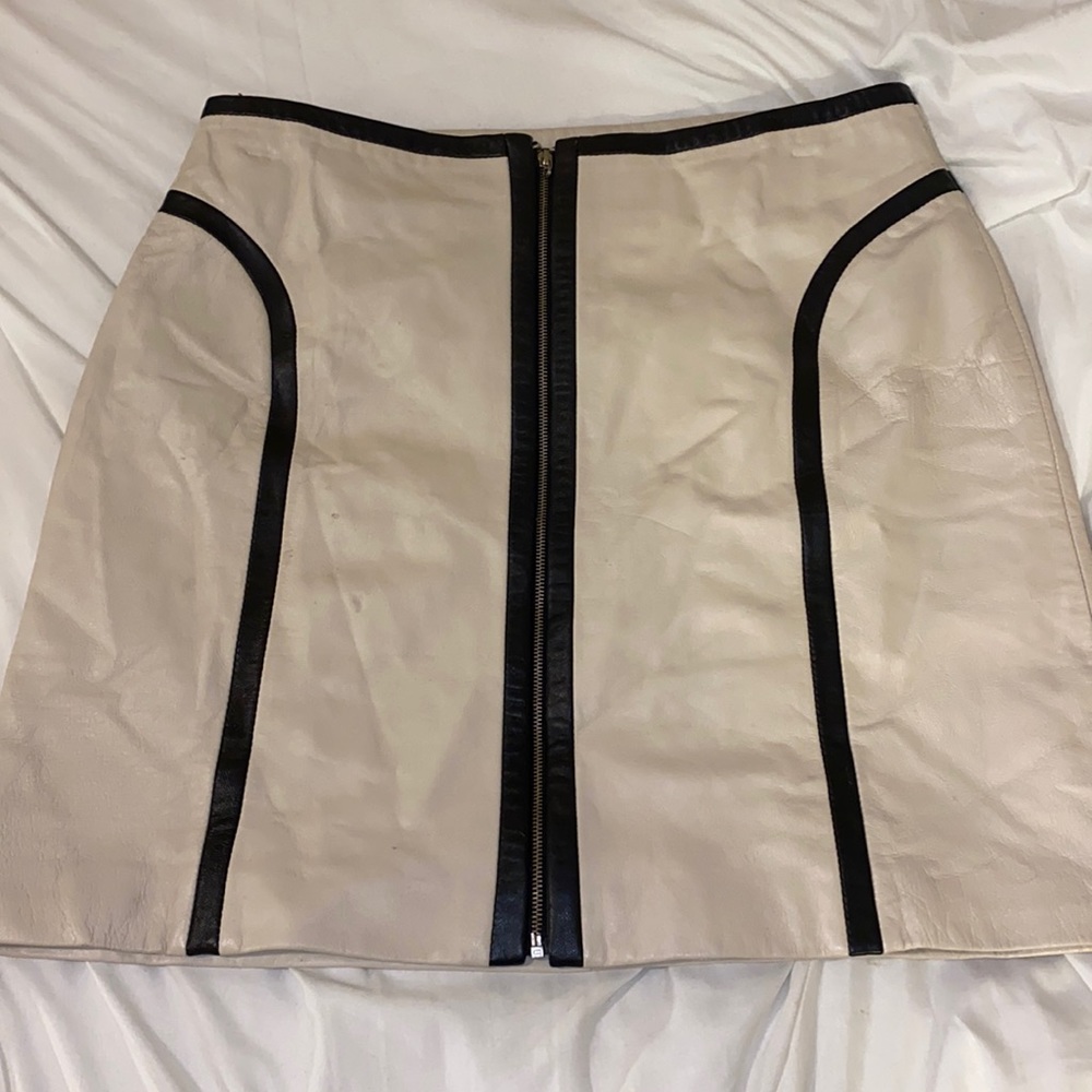 Genuine leather sexy but sophisticated 2 tone zip up front skirt
